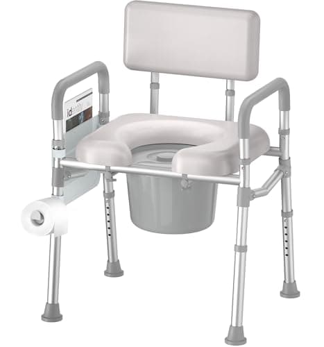 SOUNDFUSE Bedside Commode Chair with Padded Seat and Backrest, Aluminum Dual-Crossbar, Height Adjustable, Portable Toilet for Seniors and Adults, Potty Bucket and Splash Guard, 350 lbs Weight Capacity