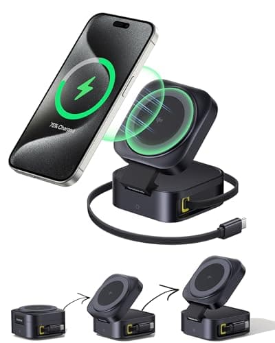 Baseus PicoGo W2 Wireless Charger, Qi2 Certified 15W Magnetic Charger Stand with 65W Retractable Cable, 2-in-1 Wireless Charging Station for Tablet, iPhone 17/16/15/14/13 Series, AirPods