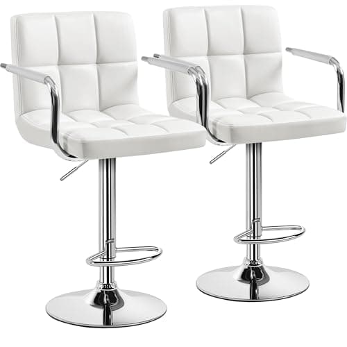 Yaheetech Bar Stools Set of 2, PU Leather Adjustable Swivel Barstools, Hydraulic Kitchen Counter Height Bar Chairs with Armrest and Back for Bar, Kitchen, Dining Room, White