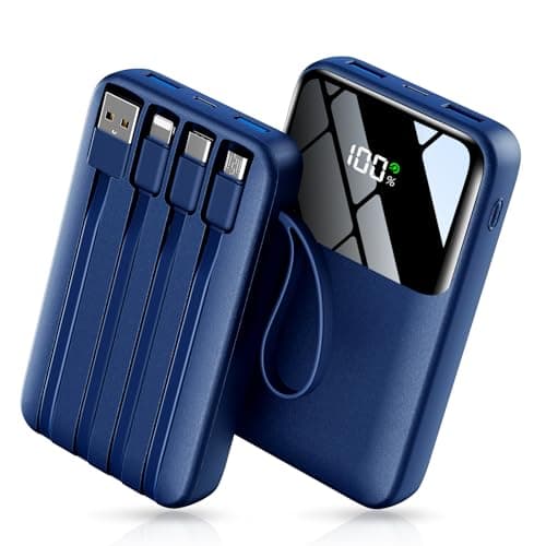 Power Bank, 15000mAh Portable Charger with Built in Cable, 22.5W Fast Charging, 6 Outputs, Slim Travel Essential Battery Pack with LED Display, Compatible with iPhone 17/16/15/14/13, iPad Blackblue