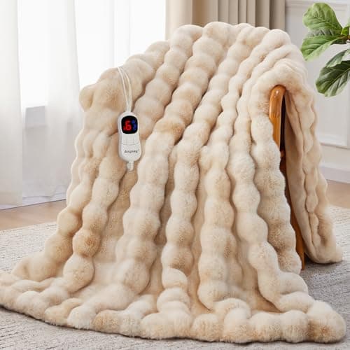 Anysay Heated Blanket Throw with 1/2/4/6/8 Hours Auto-Off 10 Heat Level, 50'' * 60'' Cozy Faux Rabbit Fur Bubble Electric Blanket with Overheat Protection(Beige)