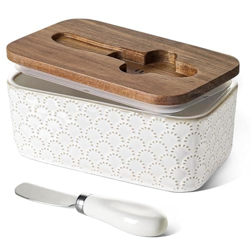 LE TAUCI Butter Dish with Lid for Countertop, Ceramic Butter Container, Embossed Butter Keeper with Acacia Wood lid, Knife, and Airtight Cover, Farmhouse Decor - Set of 1, Arctic White, Fireworks