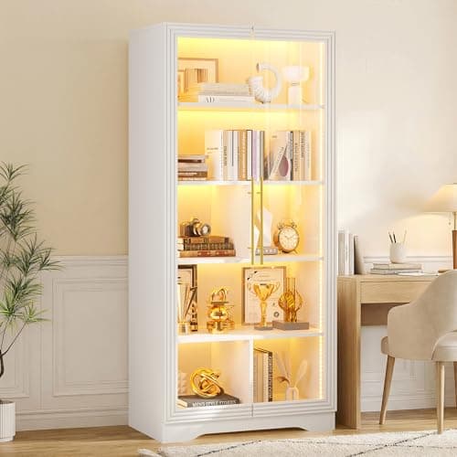 LVSOMT Display Cabinet with Glass Doors, 65" Tall Bookcase with LED Lights/Human Body Sensor, Display Case for Collectibles with Storage, Bedroom, Home Office, Living Room, White