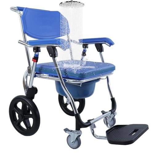Folding Shower Commode Wheelchair - 300lbs Beside Commode Chair with Padded Seat, Waterproof Rolling Shower Chair with Armrests and Backrest, Shower Chair with Wheels for Small Shower