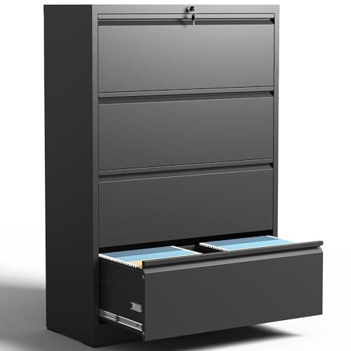 BIZOEIRON 4 Drawer Lateral File Cabinet with Lock, Metal Filing Cabinets for Home Office, Steel Storage Wide File Cabinet for Letter/Legal/F4/A4 Size with Hanging Bars, Assembly Required (Black)