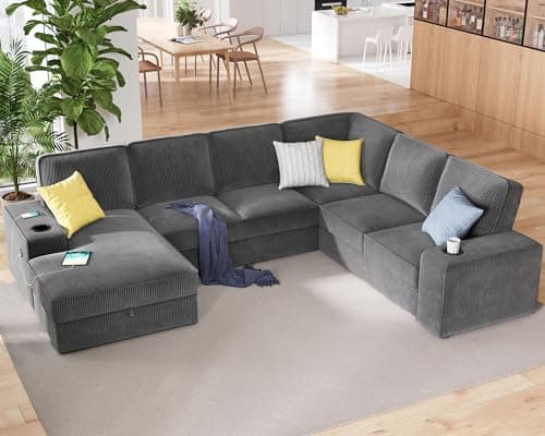 PaPaJet U Shaped Couch, 112 Inch Oversized Couch with Storage Chaise, Sectional Sofa with Cup Holders & 2 USB Ports, Corduroy Grey Sofa