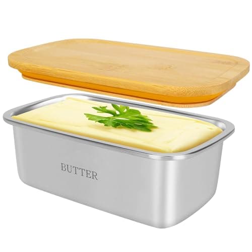 Butter Dish with Lid, Large Stainless Steel Butter Dish Container for Countertop, Sturdy Butter Box with Bamboo Lid Holds 2 Sticks of West or East Coast Butter for Refrigerator