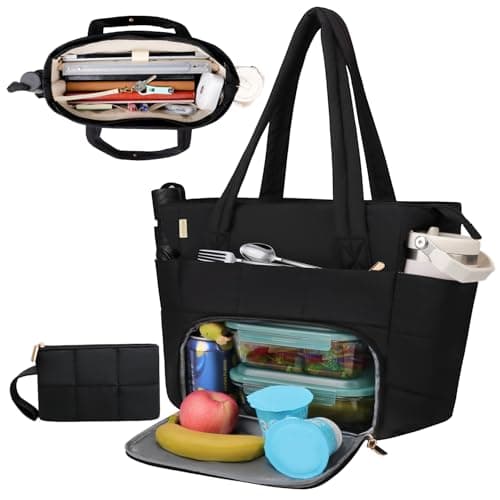 Partreko Work Laptop Tote Bags with Insulated Lunch Compartment& Clutch Purse, Lightweight Puffer Lunch Tote Bag with 15.6 Inch Laptop Compartment for Women Daily Business Office Teacher Nurse (Black)