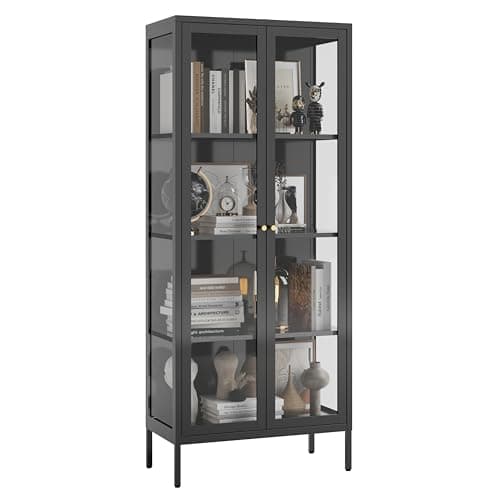UNICOLY Glass Display Cabinet 4-Tier, Display Cabinet with Glass Doors, Curio Cabinet with Tempered Glasses Doors,Metal Storage Cabinets for Living Room, Plant, Assembly Required, Black