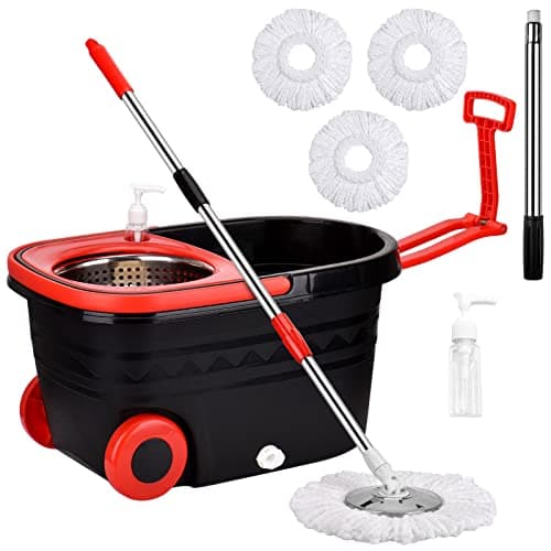 Spin Mop and Bucket with Wringer Set on Wheels, 360° Spinning Mop Bucket System with 3 Microfiber Mop Replacement Heads and 61" Stainless Steel Adjustable Handle for Floor Cleaning (25QT)