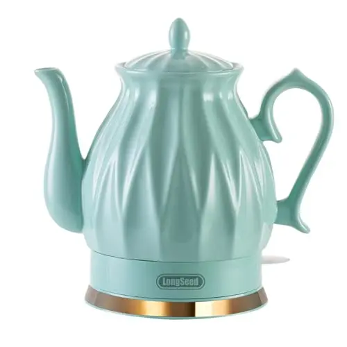 LONGSEED Ceramic Electric Kettle, 1.5L/1200W Boil Water Quickly and Easily with Boil-Dry Protection Auto Shut Off, Detachable Swivel Base, Diamond Cut Glazed