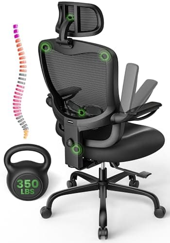 Ergonomic Office Chair Big and Tall - 6'5" Tall Max, 350Lbs Capacity Computer Desk Chairs Over 10 Hours Comfortable, with Adjustable Mesh High Back, Lumbar Support, 3D Headrest, Flip-up Arms