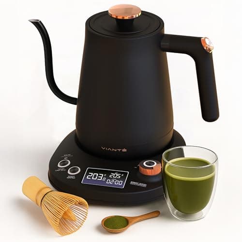 Vianté Electric Gooseneck Kettle with Precise Temperature Control. Pour Over Coffee & Tea Kettle. Boil-Dry Protection & Keep Warm Function. Stainless Steel, BPA-Free. Includes #2 Filters. 0.8L