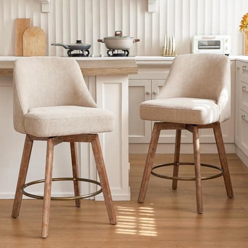 Finekoze Counter Height Bar Stools,Sand-Colored Linen Comfort Fabric Bar Stool Set of 2,360° Swivel Counter Height Stools Solid Wood Legs,27'' Barstools with Contoured Backrest