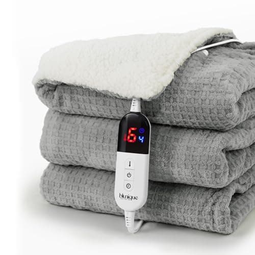 blunique Heated Blanket Electric Throw Waffle, 50x60 Inches Sherpa Fleece Fast Heating Blanket 6 Heating Levels & 4 Hours Auto Off ETL Certification, Grey Throw