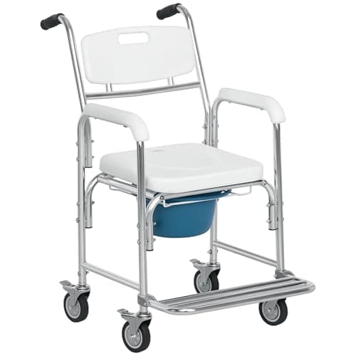 HOMCOM 3-in-1 Shower Commode Wheelchair, FSA/HSA Eligible Transport Beside Commode Chair, Waterproof Rolling Over Toilet Chair 330 lbs. Weight Capacity with Padded Seat, White