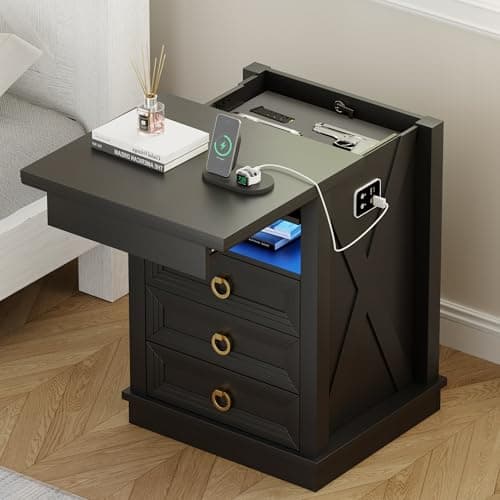 Lvifur Farmhouse Nightstand with Gun Drawer, Human Sensor LED Bedside Table with LED Lights & Charging Station, Rustic Wood Sofa Side End Table with 3 Drawers for Bedroom (Black)