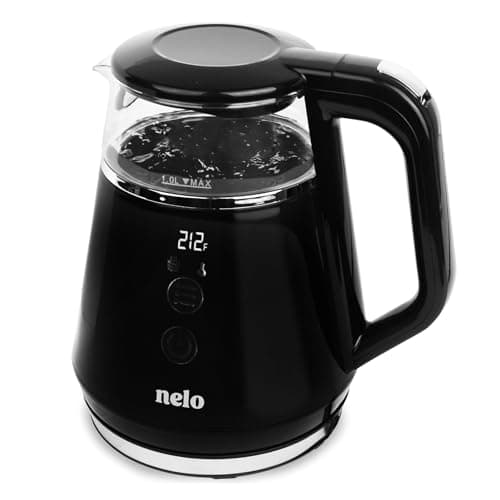 NELO Electric Kettle with 5 Temperature Control Presets, Large Digital Temperature Display, Multi-Colored LED Indicator Lights, Black Tea Kettle & Hot Water Boiler, 360° Base, BPA-Free, 1 Liter
