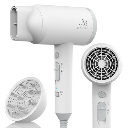 ANNE BETTY Hair Dryer with Diffuser for Curly Hair, 1800W Ionic Blow Dryer for Women & Men, Fast-Drying, Lightweight, Low Noise, Hair Care Styling Tool for Home, Travel