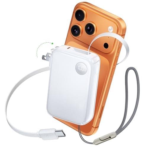 HOU 3 in 1 Portable Power Bank 10000mAh, 35W PD Fast Charging, Retractable USB-C Cable, Foldable Wall Plug, Dual Device Charging, FCC&UL Certified, Compatible with iPhone 17 Pro Max, Samsung, iPad
