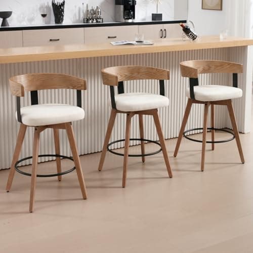 DUOMAY Swivel Bar Stools Set of 3, 26" Counter Height Bar Stool with Footrest Modern Wood Barstools with Linen Upholstered Seat Counter Stools for Kitchen Island Home Bar, White