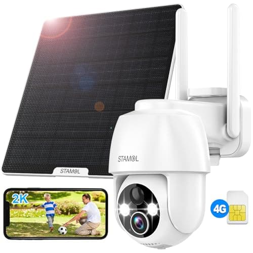 STAMOL 4G LTE Cellular Solar Security Camera, Wireless Outdoor Solar Powered Camera No WiFi Needed, 2K Color Night Vision, 360° Full View, PIR Motion Detection & Siren, 2 Way Talk (SIM Card Included)