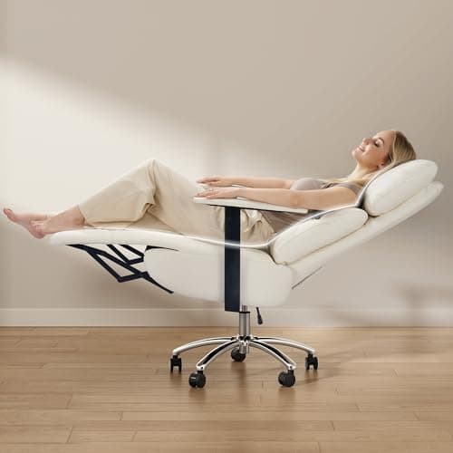 OKUP Reclining Office Chair with Adjustable Headrest and Footrest, 170° Ergonomic Comfortable Office Chair Zero Gravity, Leather Executive Home Office Desk Chair (Cream)