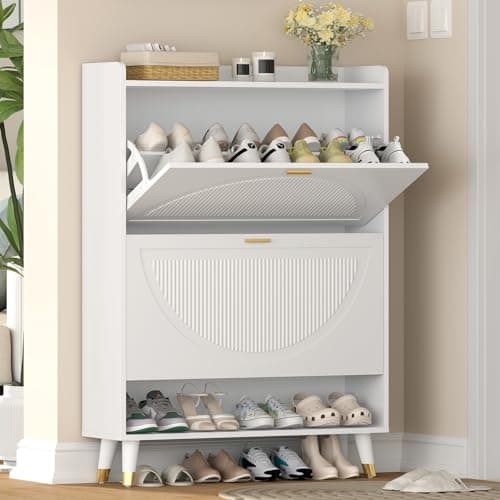 Wakefit Shoe Storage Cabinet for Entryway Slim, Shoe Organizer Cabinet with Doors, 2 Flip Drawer Shoe Cabinet Hidden, Ultra Thin Shoe Cabinet Wood (White-FrozenWhite)