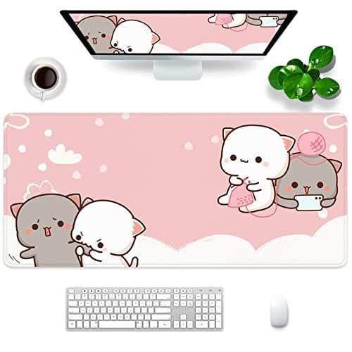 Pink Large Gaming Mouse Pad Kawaii Desk Pad XXL Cute Cat Mouse Mat 35x15.7x0.12 inch Desk Accessories (Pink Cat -2)