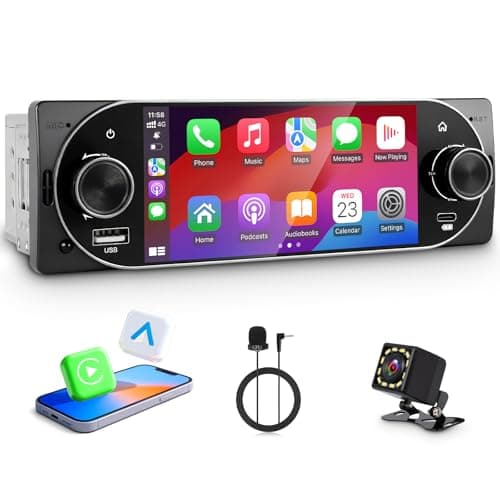 Single Din Car Radio with Apple CarPlay, Backup Camera,External Mic,Single Din Touchscreen Radio Supports Android Auto, Bluetooth, Dual Physical Knobs,SWC, EQ, FM Radio (Black)