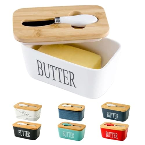 Butter Dish with Lid - Hasense White Ceramic Buter Dish with Airtight Cover and Knife for Countertop, Large Butter Holder Keeper Container with Silicone Sealing Ring for West East Coast