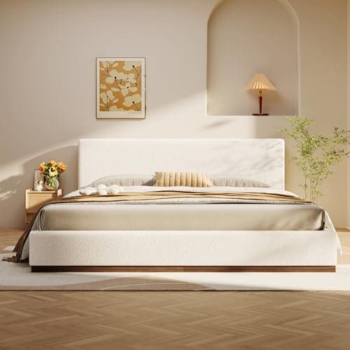 Merax King Size Bed Frame, Elegant Fabric Upholstered Platform Bed with Tall Padded Headboard for Bedroom, Solid Wood Slats Support, No Box Spring Needed, Easy Assembly, White