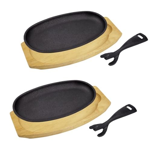 DVK 2 Set Cast Iron Skillet Sizzling Plate With Wooden Base Fajita Skillet With Removable Handle For Home Barbeque Kitchen Service