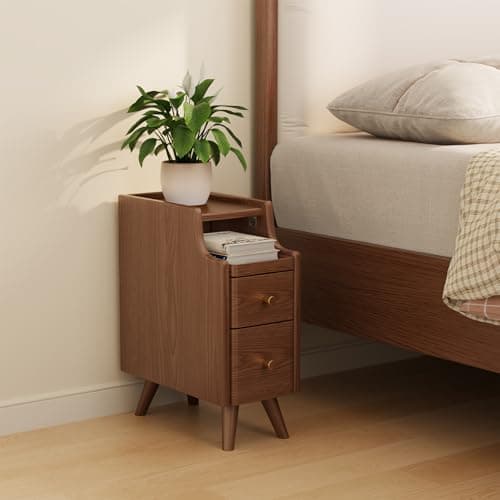 AQIMUELE Small Nightstand with Drawers, Solid Wood Bedside Table, Narrow Walnut Nightstand for Bedroom