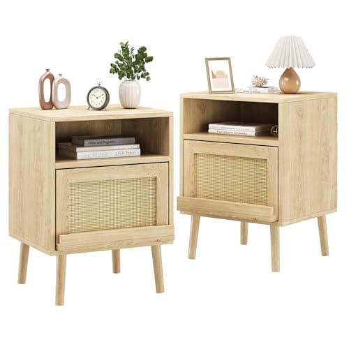 Night Stands for Bedrooms Set of 2, Bed Side Tables Bedroom with Drawer Open Shelf, Rattan Nightstand with Solid Wood Legs for Living Room - Natural