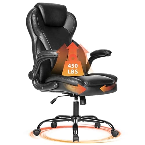 Big and Tall Executive Office Chair, Heavy Duty Desk Chair with 23" Wide Seat, Flip-Up Armrests for Computer Game Chair, Adjustable Height & Tilt Rocker, High Back PU Leather for 450LBS, Black