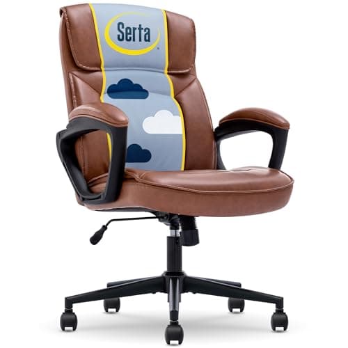 Serta Hannah Executive Home Office Desk Chair, Ergonomic Mid-Back with Lumbar Support, Firm Seat Cushion, Layered Body Pillows, Padded Armrests, Swivel Base, Easy Assembly, Bonded Leather, Cognac