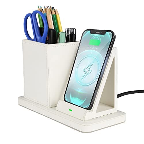 Wireless Charger with Desk Organizer, Wireless Charging Station for iPhone 14/14 Pro/13/12/11/Samsung Galaxy S23/S22/S21/S20/Note 20/Note 10, Charging Stand with Leather, White
