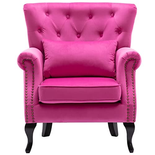 DM Furniture Mid Century Accent Chair Modern Button Tufted Armchair Wingback Club Chair Velvet Single Sofa Lounge Chair with Pillow for Living Room Bedroom, Rose Pink