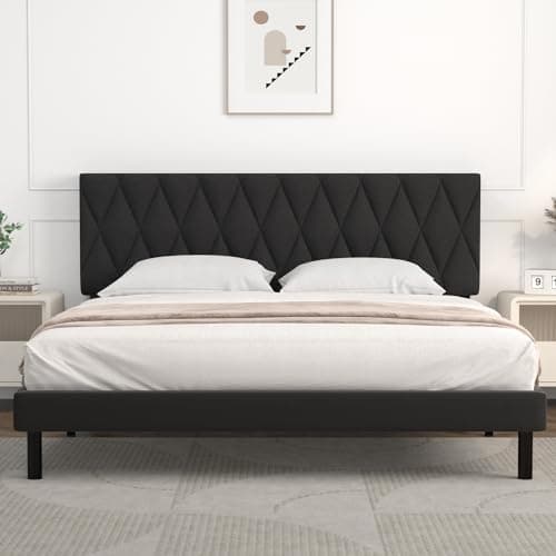 IYEE NATURE King Bed Frame Upholstered Platform with Headboard and Strong Wooden Slats, Strong Weight Capacity, Non-Slip and Noise-Free,No Box Spring Needed, Easy Assembly,Dark Gray
