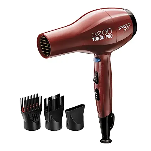 RED PRO 3200 Turbo Pro Detangler AC Hair Dryer, 3 Heat/2 Speed Settings, Cool Shot Button, Powerful Airflow, 3 Additional Styling Attachments with Detangling Pik