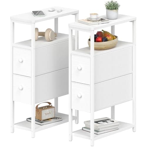 KLUVIS Narrow Nightstands Set 2 - Slim Side Table Skinny Night Stand for Small Space Bedroom Thin Bedsides Tables with Drawers, White (07W2)