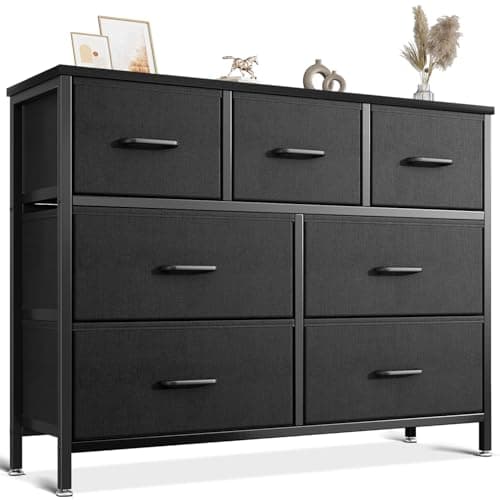 AODK Dresser for Bedroom with 7 Storage Drawers, Fabric Dresser TV Stand with Sturdy Frame and Wooden Top, Chest of Drawers for Living Room, Closet, Black