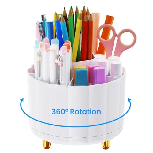 IVEETTY 360 Rotating Pencil Pen Holder for Desk, White Pen Organizer with 6 Slots, Cute Office Supplies, Desk Accessories for Office, School, Home