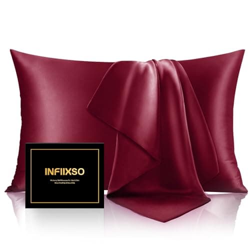 INFIIXSO Mulberry Silk Pillowcase for Hair and Skin, Silk Pillow Cases Queen Size Set of 2 with Hidden Zipper 20x30 Inches, Smooth and Soft Cooling Pillow Cases for Hot Sleepers(Burgundy, 2 Pack)