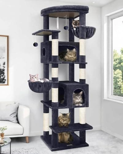 Globlazer Heavy Duty Cat Tree, 74in Sturdy Cat Tower for Large Cats Adult, Big Cat Tree with 7 Sisal Scratching Posts, 2 Padded Condos, 2 Dual-Ear Hanging Baskets, Enlarged Top Perch, S74, Dark Grey