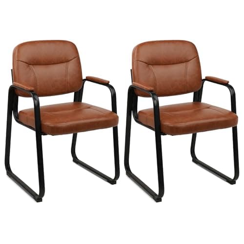 CLATINA Waiting Reception Chairs No Wheel, Leather Guest Chair with Padded Arms, Modern Brown Office Desk Chairs with Sled Base for Office Meeting Conference Room Lobby Home Living Room (2 Pack)