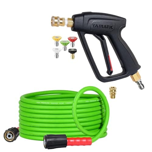 YAMATIC Short Pressure Washer Gun and Hose, 25 FT Flexible Hose with Stubby Power Washer Trigger Handle, 3/8" Swivel Quick Connect & M22-14mm Adapter Replacement for Ryobi Simpson Craftsman (Green)