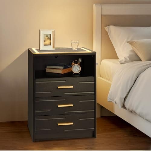 EROMMY LED Nightstand with Wireless Charging Station, Smart Night Stand with Color Adjustable Brightness Lights, Touch Screen Bedside Table with Glass Top, Drawers, Side Table for Bedroom