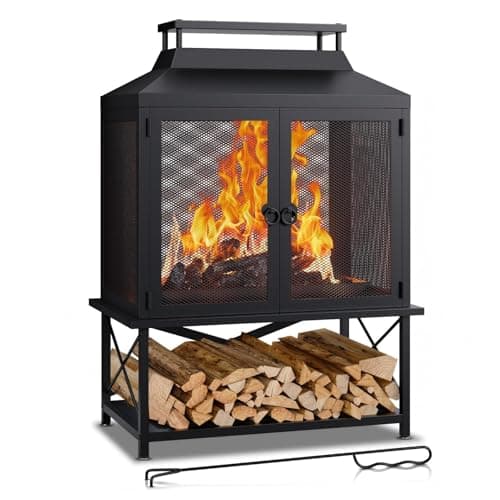 Square Outdoor Fire Pit with Grill - 39" Wood Burning Outside Fireplace for Backyard, Patio, Garden, Camping & Party, Heavy Duty Steel Bonfire Pit with Safety Screen, Fire Poker & Log Rack